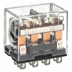 Socket-mounted plug-in relay with square base and flat pins. 4PDT contact configuration, 12V AC coil, 10 A current rating, 14 terminals. Operating current 5 A at 24V DC for inductive loads. Used in industrial control panels and automation systems for switching and signal routing.