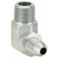 This steel hydraulic hose adapter features NPTF threads on all three ends, configured as a rigid female x female x female fitting. It is used to connect hydraulic lines in fluid power systems where a leak-resistant seal is required. Fitting sizes are 3/8 in x 5/16 in x 1 in