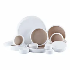White polypropylene screw-on cap with a 33 mm diameter and F217/PTFE liner. Designed for sealing containers in laboratory, chemical storage, and industrial packaging applications where chemical resistance and a tight seal are required.