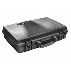This PELICAN plastic laptop case has interior dimensions of 11 3/8 in x 17 3/4 in x 4 1/8 in. It features a double safety locking closure with keys and is supplied without a foam insert. Suitable for secure transport and storage of laptops, electronics, or tools in various environments.