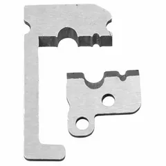 Steel replacement blade set with rounded edges for coax cable wire strippers. Compatible with models 25D160, 58UR82, 11063MET, and 11063W. Used for stripping coaxial cable in telecommunications and data installations.