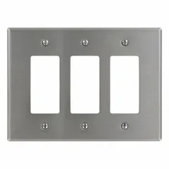 General-purpose wall plate for decorator-rocker switches. 3-gang jumbo size accommodates three switches in a single opening. Constructed of stainless steel with a silver finish. Used to cover and protect switches in residential and commercial electrical installations.