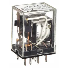 Socket-mounted latching relay with DPDT contact configuration, 12V DC coil voltage, and 3 A current rating. Features a square base with round pins, 10 terminals, and G socket for plug-in mounting. Suitable for industrial control panels and automation systems requiring maintained contact states without continuous coil power.