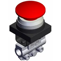 3-port shuttle valve with 1/8 in BSPT connections, red mushroom button actuator, and side-ported body. Used in pneumatic circuits to select the higher of two input pressures.
