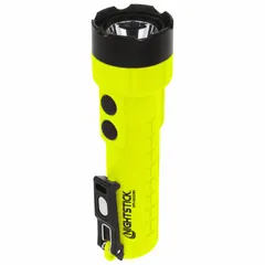 Rechargeable handheld flashlight delivering 400 lumens with a maximum beam distance of 178 meters. Includes AC/DC cords with charger and rechargeable battery. Suitable for inspection and maintenance tasks in industrial environments.