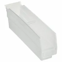 This clear plastic shelf bin has an overall length of 11-5/8 inches and interior dimensions of 2-3/4 x 4 inches. It is nesting capable for compact storage when not in use and is not hangable. The transparent construction allows visual identification of contents, suitable for organizing small parts and components on shelving in industrial settings