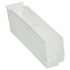This clear plastic shelf bin has an overall length of 11-5/8 inches and interior dimensions of 2-3/4 x 4 inches. It is nesting capable for compact storage when not in use and is not hangable. The transparent construction allows visual identification of contents, suitable for organizing small parts and components on shelving in industrial settings.