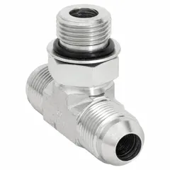 This steel hydraulic hose adapter features a male ORB (O-Ring Boss) connection on one end and male JIC (Joint Industry Council) connections on the other two ends, all with 1/4 inch thread sizes. It is used in hydraulic systems to connect components with different thread types, providing leak-resistant joints in fluid power applications.
