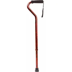 This single-tip offset cane features a foam handle and aluminum shaft, rated for 250 lb weight capacity. Adjusts to 29 7/8 inches in length. Suitable for mobility support and balance assistance during walking in home or clinical environments.