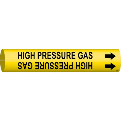 BRADY Pipe Marker: High Pressure Gas, Yellow, Black, Fits 1 1/2 to 2 3/8 in Pipe O.D. - High Pressure Gas Snap-On Pipe Markers
