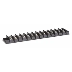 14-pole surface mount barrier strip for wire sizes 22 AWG to 14 AWG, rated 15 A maximum current. No cover included. Suitable for organizing and terminating multiple wire connections in control panels, junction boxes, and electrical equipment.