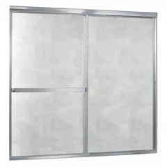 This double sliding bathtub door features a silver-finished frame and 3/16-inch thick obscured tempered glass for privacy. With a 55-inch overall height, it is designed to enclose standard bathtub openings in residential bathrooms.