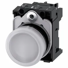 This Siemens 3SU1 series LED pilot light is designed for 22 mm panel mounting. It provides a white visual signal with a maximum supply voltage of 24 V AC/DC. Typical applications include status indication, power-on signaling, and alarm annunciation in industrial control panels and automation systems.