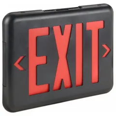 Plastic LED exit sign with universal field-selectable chevrons for directional indication. Operates on 120/277 V AC with 1.4 W fixture wattage. Black housing, red text, suitable for ceiling, end, or wall mounting with one or two illuminated faces. Not battery backed or remote capable.