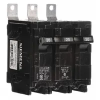 Three-pole miniature circuit breaker rated 20 A at 240V AC, designed for bolt-on mounting in Siemens P1 panelboards. Provides overcurrent protection in electrical distribution systems with a maximum interrupting rating of 65 kA at 240V AC. Suitable for commercial and industrial applications requiring three-phase protection