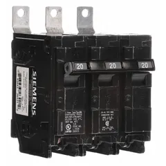 Three-pole miniature circuit breaker rated 20 A at 240V AC, designed for bolt-on mounting in Siemens P1 panelboards. Provides overcurrent protection in electrical distribution systems with a maximum interrupting rating of 65 kA at 240V AC. Suitable for commercial and industrial applications requiring three-phase protection.