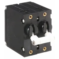 This 20 A toggle-style miniature circuit breaker is designed for front-panel mounting via a threaded insert. Rated for 277V AC and 80V DC, it features 1/4 in tab terminals and a depth of 2.12 in. Suitable for overcurrent protection in control panels, HVAC equipment, and power distribution systems.