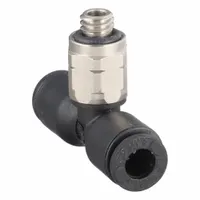 This tee fitting connects two 5/32 in OD tubes to a #10-32 male thread, enabling branch lines in pneumatic systems. Constructed with a nylon body and nickel-plated brass components, it is suitable for push-to-connect installations. Sold as a 10-pack