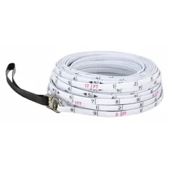 KESON SR-18-200 manual surveyors rope with 200 ft SAE blade length and 1/8 in graduations. Features a fiberglass blade with single-sided markings and a loop end tip. Designed for measuring long distances in construction, land surveying, and civil engineering applications.
