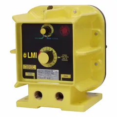 Compact solenoid-driven diaphragm metering pump with 115V AC nameplate voltage, PVC head, PTFE diaphragm, and PTFE seals. Delivers maximum flow rate of 20 gpd with ±1.0% reproducibility. Features ceramic check balls and PVC fittings. Used for precise chemical dosing in water treatment, industrial processing, and chemical injection systems.
