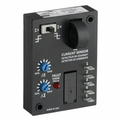 Surface-mounted relay for monitoring undercurrent conditions. Adjustable trip point from 2 to 20 A set via switch. Rated 10 A at 120V AC. Features LED status indicator and quick connect tabs for electrical connection.