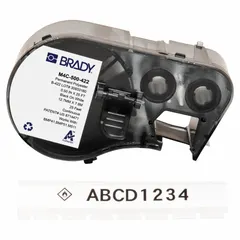 Continuous label roll cartridge for industrial identification and labeling. Polyester material with black on white print. 1/2 in width by 25 ft length. Compatible with M510 printer series. Used for asset tracking, cable marking, and facility signage.