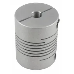 Aluminum flexible coupling with 25 mm outside diameter, 32 mm overall length, and 6 mm Side A bore diameter. Used to connect two shafts in industrial machinery, compensating for minor misalignment while transmitting torque. Suitable for automation, packaging, and material handling systems requiring precise motion control.