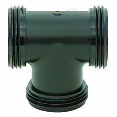 PVC irrigation manifold with 1" male iron pipe thread (MIPT) connections. Maximum working pressure of 350 psi. Dimensions: 2.5 inches wide by 1.5 inches high. Used to distribute water from a single supply line to multiple branch lines in irrigation systems.