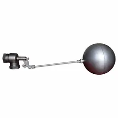 General service float valve assembly for automatic water level control in tanks or reservoirs. Features an angle valve body with adjustable arm, horizontal piping mounting, and includes float and rod. Inlet is 3/8"-16 female NPT, outlet is female IPS. Flow rate 152 gpm at 65 psi.