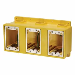 Rectangular, 1-gang PVC weatherproof electrical box with 1-inch hub and 109.1 cubic inch capacity. Yellow finish. Suitable for outdoor or damp-location installations to house wiring connections, switches, or receptacles.