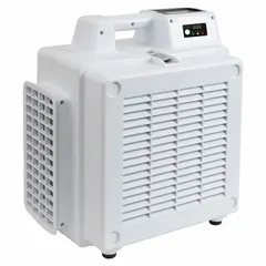 The XPOWER X-2800 is a negative air machine with impact-resistant ABS plastic housing, designed for particulate filtration. It delivers 550 cfm airflow and includes an air filter. Typical applications include construction, restoration, and industrial settings for containing airborne dust and debris.