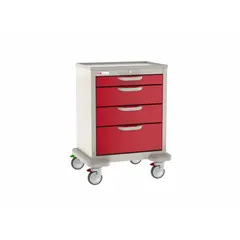 Steel cart with taupe cabinet and red drawers, configured with two swivel casters and two swivel casters with brake. Used in healthcare settings for organizing and transporting medical supplies, instruments, and equipment.