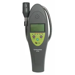 Portable combustible gas detector with a PPM detection range of 0 to 2,000 ppm and capability up to 10,000 ppm. Features a sound alert and includes a soft carrying case. Used for monitoring gas levels in industrial environments.
