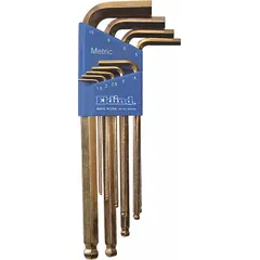 This set includes nine L-shaped hex keys with a single ball end and long length, designed for metric hex socket screws. The gold-plated finish provides corrosion resistance. Suitable for general industrial maintenance and assembly tasks where angled access is required.