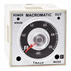 Panel door-mounted relay with ON delay and instantaneous contact function. Input voltage 100-240V DC or 24-240V AC, rated 5A. Features 11-pin plug-in mounting and dial adjustment. Used in industrial control panels for sequencing operations in motor control, conveyor systems, and HVAC equipment.