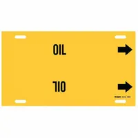 Yellow strap-on pipe marker with black legend 'Oil' and directional arrows. Fits pipe outer diameters from 6 to 7-7/8 inches. Used to identify pipes carrying oil in industrial facilities