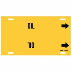 Yellow strap-on pipe marker with black legend 'Oil' and directional arrows. Fits pipe outer diameters from 6 to 7-7/8 inches. Used to identify pipes carrying oil in industrial facilities.