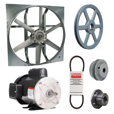 Dayton Exhaust Fan with Drive Package: Belt Drive, 36 in Blade, 3/4 hp, 14,345 cfm - Belt-Drive Panel Exhaust Fans with Drive Package