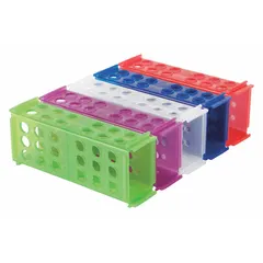 This polypropylene test tube rack features a multicolor design for easy sample identification. It mounts on a benchtop and holds up to 18 tubes in 12 compartments. Suitable for organizing tubes during storage, processing, or transport in laboratory settings.