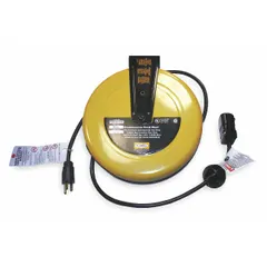 Self-retracting cord reel with ratchet lock mechanism for workshop, warehouse, and maintenance area use. Features 25 ft of 16 AWG SJT cable with NEMA 5-15P feeder plug and NEMA 5-15R retractable outlet. Reduces trip hazards and cord wear by keeping the power cord tidy and accessible.