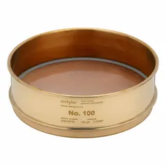 This brass test sieve has a frame and screen cloth both made of brass. It meets ASTM E11 standards and has a US Standard Screen Size of #100. The sieve is 8 in outside diameter and 2 5/8 in height. It is used for particle size analysis and material classification in laboratory and industrial quality control applications.