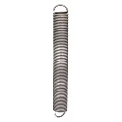 Carbon steel extension spring with machine hook ends for secure attachment. Wire diameter 0.062 in, outside diameter 0.734 in, free length 5 7/8 in. Supplied in a pack of 2. Used to store and release energy, returning a mechanism to its original position in applications requiring a pulling force.