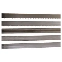 This band saw blade features a scalloped cutting edge with 7 teeth per inch, designed for cutting soft materials such as foam, fresh meat, paper, rubber, and vegetables. The blade has a total length of 8 ft 2 in and is suitable for food processing, packaging, and light industrial applications.