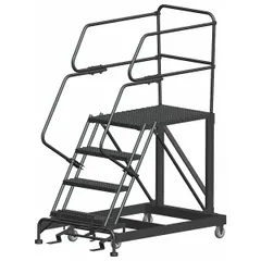 Fixed-height rolling work platform with a 36 x 36 inch steel deck and handrails. Foot-activated step lock secures position during use. Supports 800 lb for elevated maintenance, assembly, and warehousing tasks.
