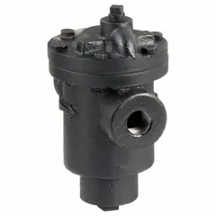 Cast iron inverted-bucket steam trap with 1/2 in FNPT connection, rated for 690 lb/hr condensate capacity and 80 psi maximum pressure. In-line configuration for horizontal installation. Automatically drains condensate from steam lines while preventing steam loss, suitable for industrial steam distribution and process heating systems.