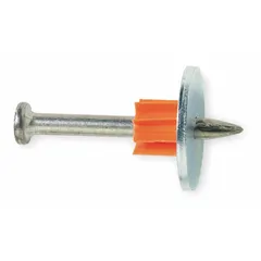 This pin with washer is designed for use with powder-actuated tools to fasten materials to concrete or steel. It has a 2 in overall length, 0.3 in head diameter, and 0.15 in shank diameter. Supplied in a 100-pack.