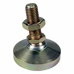 Swivel male leveling mount with 3/4"-10 thread size, 3 in type, and 7,200 lb load capacity. Round zinc-plated base resists corrosion. Used for leveling and stabilizing heavy machinery, conveyors, and workstations.