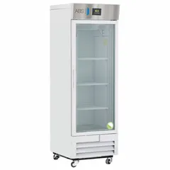 This 16 cu ft upright lab refrigerator maintains a temperature range of 1°C to 10°C for storage of temperature-sensitive samples, reagents, and media. It features a white swing glass door that opens to the right, uses R-290 refrigerant, and includes a temperature alarm. Overall depth is 29 3/4 inches.