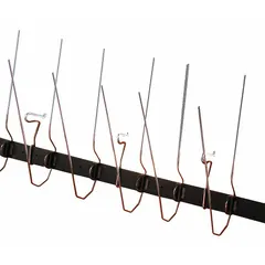 Stainless steel spikes on a plastic base for narrow ledges. Sold in a 50-foot pack of 50 pieces. Used to deter pigeons from landing on ledges, roofs, and other flat surfaces by creating an uncomfortable barrier.