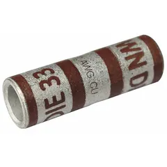 Crimped butt splice compression connector for joining two 2 AWG wires. Features a copper barrel with brown color code and 33 die code. Length 1.26 inches. Used in electrical power distribution, industrial control panels, and heavy equipment wiring for permanent connections.